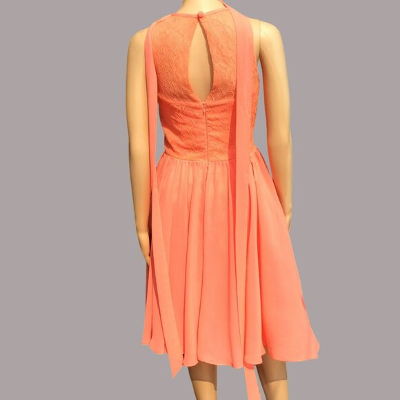 Cocomelody Size 2 Coral Sleeveless Dress Lace Chiffon Flowy Fairy Beachy Halter - Picture 2 of 13